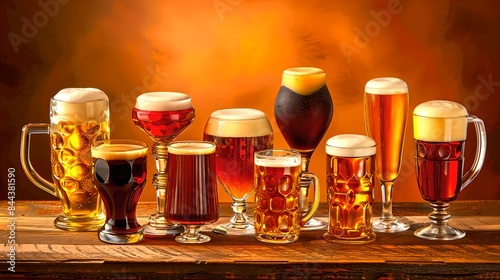 A diverse collection of beer glasses on wooden table showcasing various styles of beer. Golden ale, dark stout, IPAs, and more in a cozy pub atmosphere. AI photo