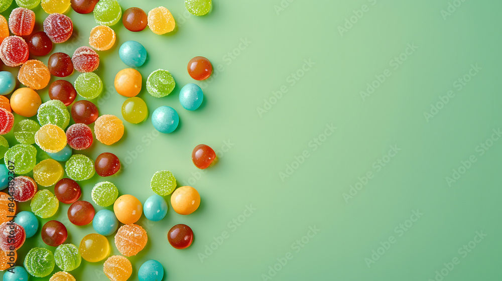 lots of round candies on top on a green background. international childrens Day. copy space. free space for text lots of round candies on top on a green background. international childrens Day. copy space. free space for text