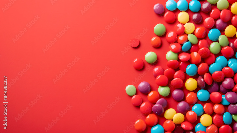 lots of round candies on top on a red background. international childrens Day. copy space. free space for text 