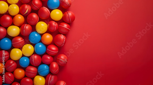 lots of round candies on top on a red background. international childrens Day. copy space. free space for text  © Oleksandr