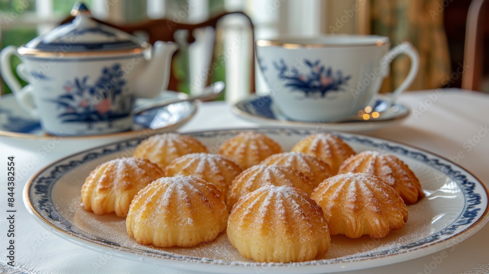 Madeleines: A plate of delicate madeleines with their characteristic shell shape, lightly dusted with powdered sugar. Traditional French pastry.