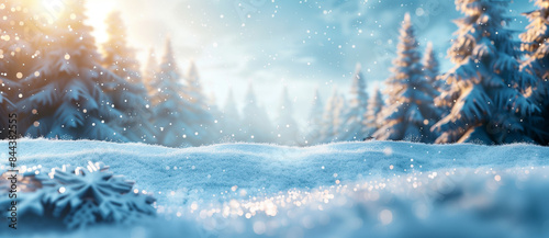 winter background of snow and frost with landscape of forest  Bokeh effect blue background