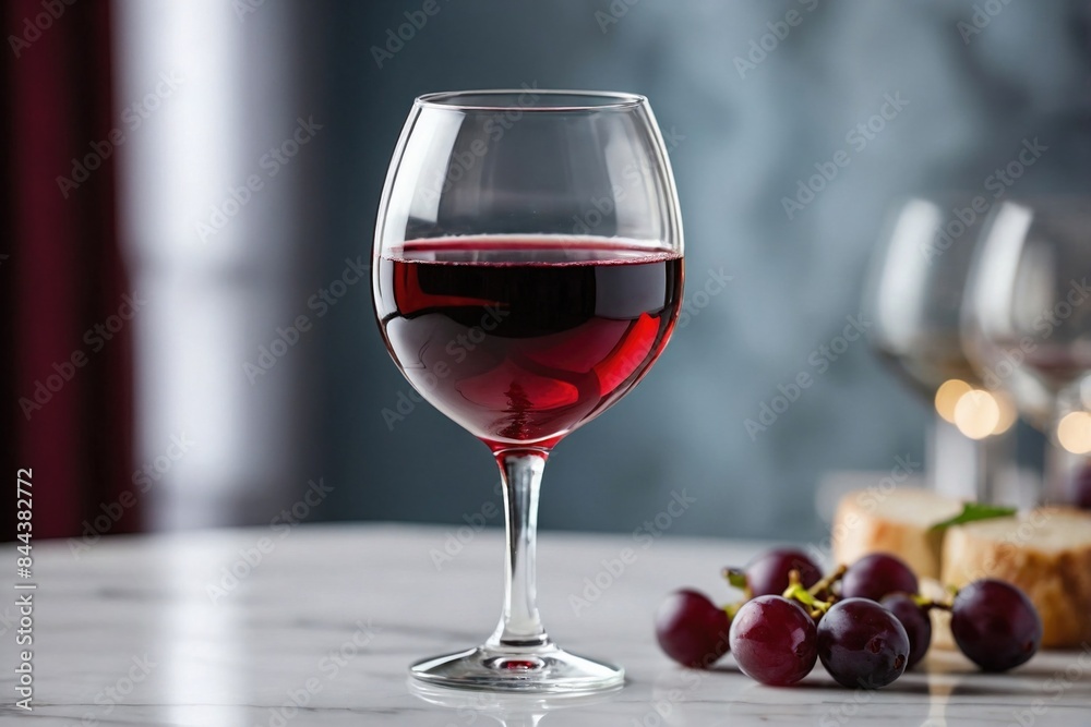 Glass of Red Wine with Grapes and Bread on Marble Table Glass of Red Wine with Grapes and Bread on Marble Table