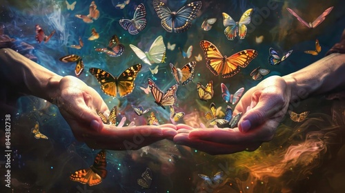 A pair of open hands releasing a multitude of butterflies, symbolizing new life and the rebirth of the soul in Christ photo
