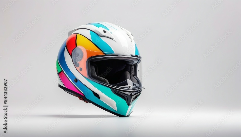 Fototapeta premium motorcycle helmet with race color patterns isolated white background, copy space for text