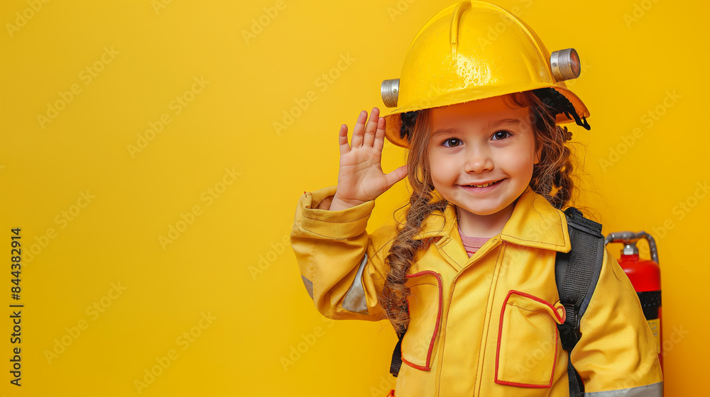 Portrait photography of a cute little professional Smiling cute little firefighter wearing a firefighter's rescue helmet showing a hand sign on a yellow background Portrait photography of a cute little professional Smiling cute little firefighter wearing a firefighter's rescue helmet showing a hand sign on a yellow background