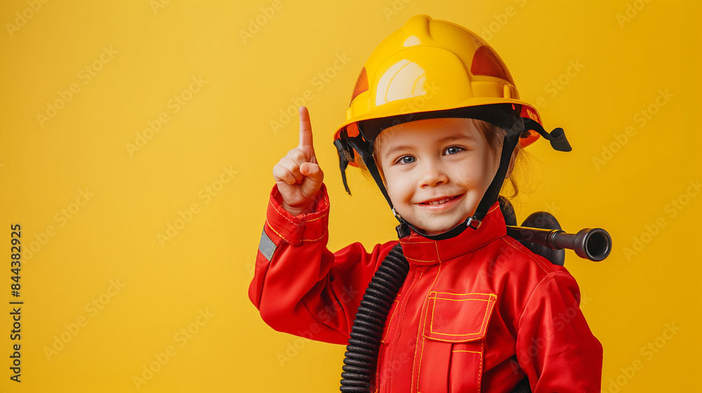 Portrait photography of a cute little professional Smiling cute little firefighter wearing a firefighter's rescue helmet showing a hand sign on a yellow background Portrait photography of a cute little professional Smiling cute little firefighter wearing a firefighter's rescue helmet showing a hand sign on a yellow background