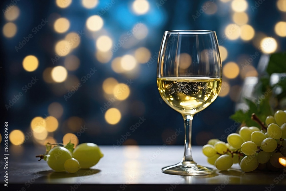 Glass of White Wine with Grapes and Bokeh Lights Glass of White Wine with Grapes and Bokeh Lights
