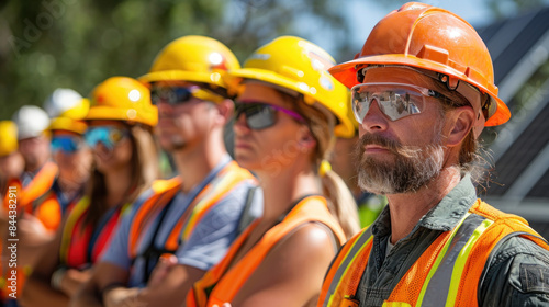 Construction worker meeting at a solar energy building site.