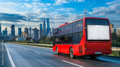 Ruby red bus cruising a highway with a blank billboard on the back, cityscape in view.