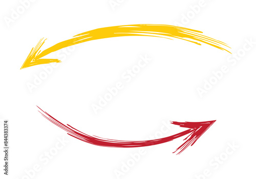 手描き筆タッチのざっくり矢印素材/カーブ横/赤・黄