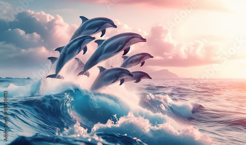 A pod of dolphins leaps over the waves