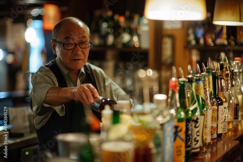 A Late Night Bartender Pours a Drink in a Japanese Bar photo