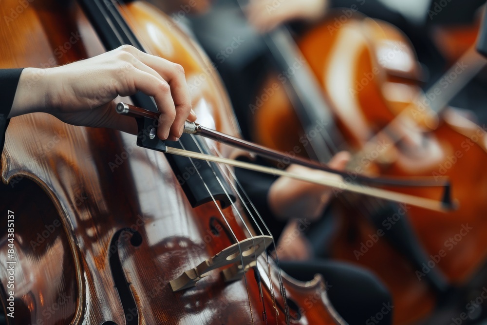 A Musicians Hand Gently Gracing the Strings of a Cello During a Live Performance A Musicians Hand Gently Gracing the Strings of a Cello During a Live Performance
