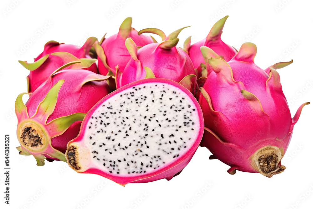 Fresh and vibrant dragon fruits displayed with one cut in half showing the white flesh and black seeds, isolated on a white background. Fresh and vibrant dragon fruits displayed with one cut in half showing the white flesh and black seeds, isolated on a white background.