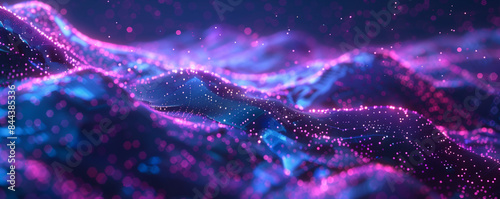 Big data visualization. The musical stream of sounds. Abstract background with interweaving of dots and lines. Blue and purple technology, speed, Internet background
