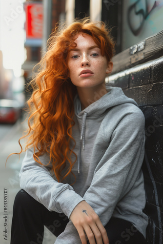 Portrait of Ginger Young Sporty Chic Style Woman Posing on City Street Pavement, wearing a hoodie and sitting on sidewalk