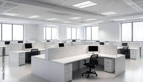 Modern office space with cubicles, bright white color background 