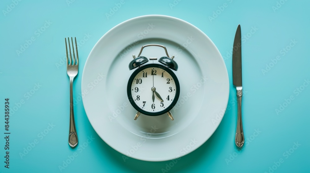 Blue alarm clock placed on a white plate. Concept of intermittent fasting, lunchtime, diet and weight loss Blue alarm clock placed on a white plate. Concept of intermittent fasting, lunchtime, diet and weight loss