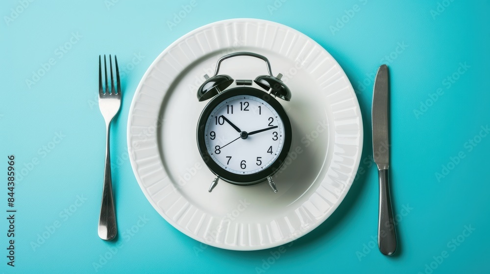 Blue alarm clock placed on a white plate. Concept of intermittent fasting, lunchtime, diet and weight loss Blue alarm clock placed on a white plate. Concept of intermittent fasting, lunchtime, diet and weight loss