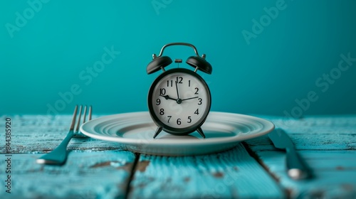 Blue alarm clock placed on a white plate. Concept of intermittent fasting, lunchtime, diet and weight loss photo