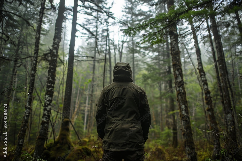 A Solitary Figure Stands Among Ancient Trees in a Misty Forest A Solitary Figure Stands Among Ancient Trees in a Misty Forest