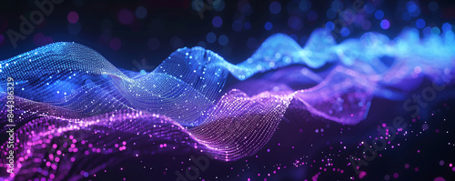 Big data visualization. The musical stream of sounds. Abstract background with interweaving of dots and lines. Blue and purple technology, speed, Internet background © Super Stocks