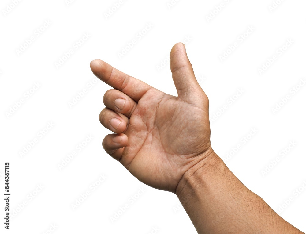 A man acts like he's holding something, like a phone or a water bottle. Or reaching out to handshake isolated on white background. A man acts like he's holding something, like a phone or a water bottle. Or reaching out to handshake isolated on white background.