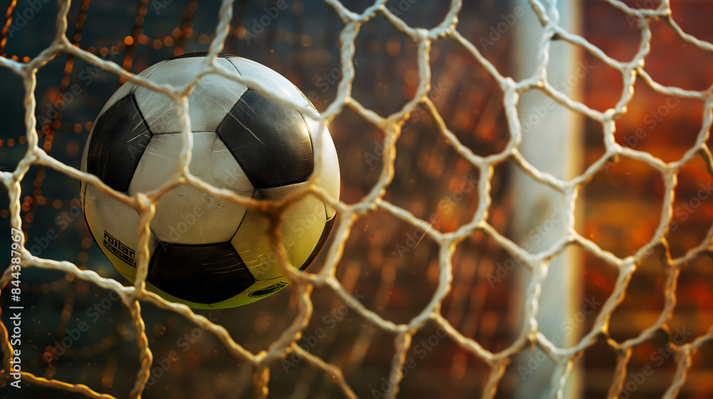 Naklejka premium Soccer ball in goal net under blue-yellow lights For sports concept. 3D illustration