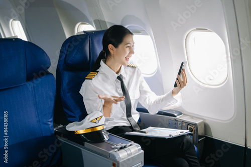 Asian Confident Female pilot in uniform leaning at the passenger seat while standing inside of the airplane flight cockpit during takeoff