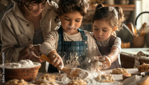 Parents and children baking cookies in the kitchen, parents, children, baking