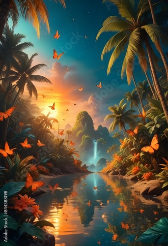 Colorful beauty tropical landscape island with animals