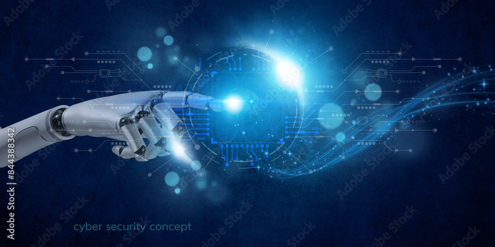 AI Robot Hand Safety Icon on a Blue Background: Symbolizing Advanced Technology and Digital Security in a Futuristic Concept. with copy space AI Robot Hand Safety Icon on a Blue Background: Symbolizing Advanced Technology and Digital Security in a Futuristic Concept. with copy space