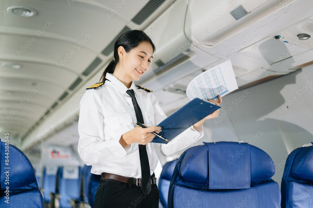 Asian Confident Female pilot in uniform leaning at the passenger seat while standing inside of the airplane flight cockpit during takeoff Asian Confident Female pilot in uniform leaning at the passenger seat while standing inside of the airplane flight cockpit during takeoff