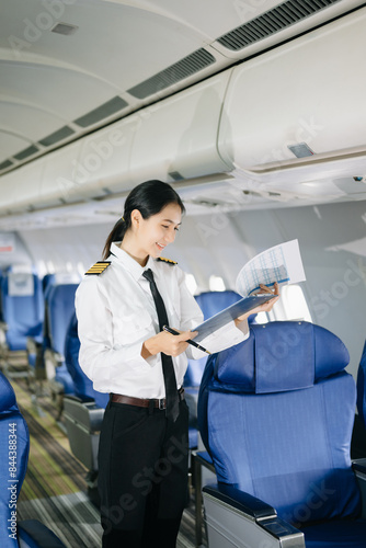 Asian Confident Feale pilot in uniform leaning at the passenger seat while standing inside of the airplane flight cockpit during takeoff photo