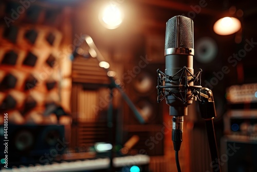 A Microphone Awaits the Musicians Voice in a Soundproofed Studio photo