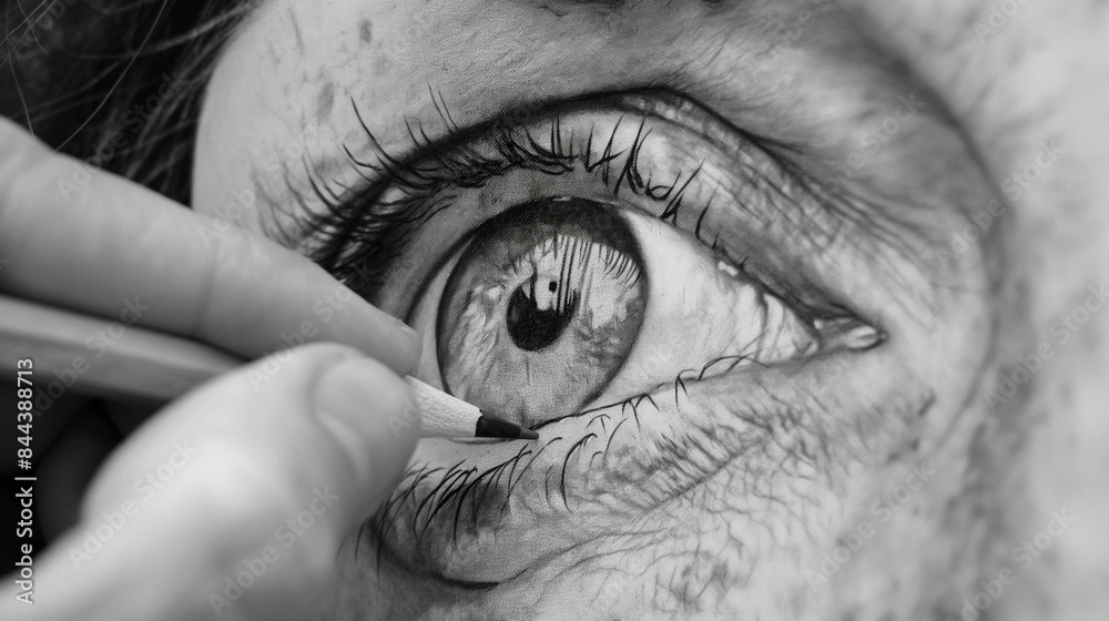 Obraz premium Pencil drawing of an isolated black and white eye. For beauty. Macro of a human eye. Black and white.