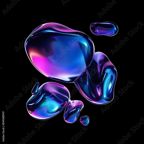 An abstract composition of liquid levitating shapes, smooth and glossy surfaces, suspended in an infinite black background. 