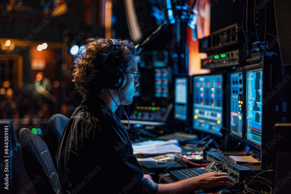A Nighttime View of a Sound Engineer Working on a Control Desk A Nighttime View of a Sound Engineer Working on a Control Desk