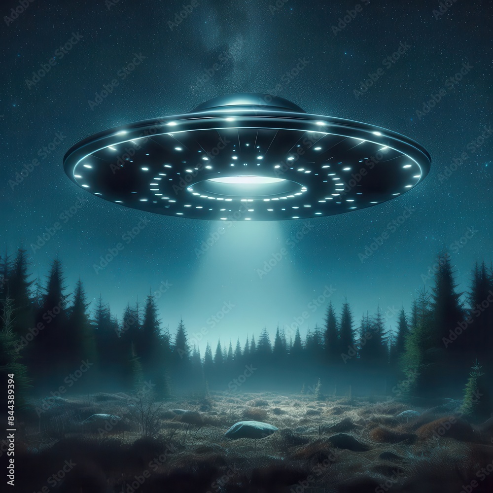 UFO: A mysterious spacecraft hovers silently above the trees, casting an eerie glow on a peaceful nighttime scene. generative AI UFO: A mysterious spacecraft hovers silently above the trees, casting an eerie glow on a peaceful nighttime scene. generative AI