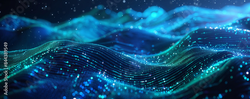 futuristic abstract blue tech background with digital waves particles artificial neural network cyber computing, Abstract blue teal data technology BG
