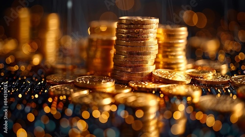 A pile of gold coins with a blurred background. The coins are golden and appear to be in a stack.
