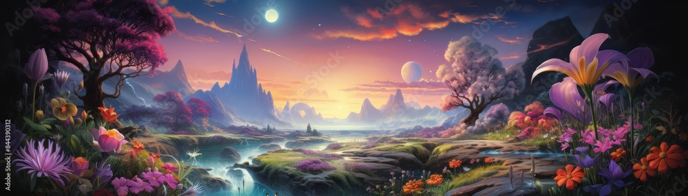 Magical fantasy landscape with a moonlit sky, colorful flowers, flowing river, and majestic mountains under a mesmerizing sunset. Magical fantasy landscape with a moonlit sky, colorful flowers, flowing river, and majestic mountains under a mesmerizing sunset.
