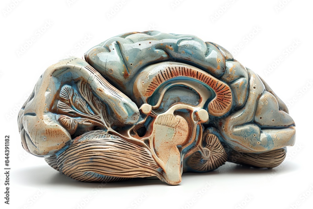 A realistic photo of a plastic model of the pituitary gland, showing its lobes and connection to the hypothalamus. The model is isolated on a white background for clear educational reference