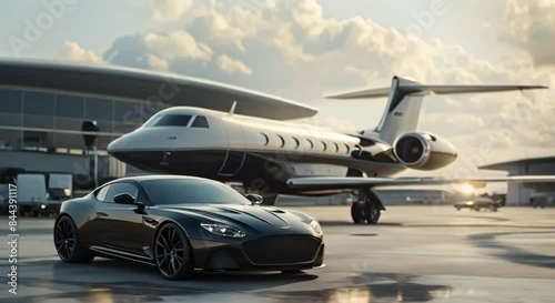 Super car and private jet on landing strip. Business class service at the airport. Business class transfer. Airport shuttle. photo