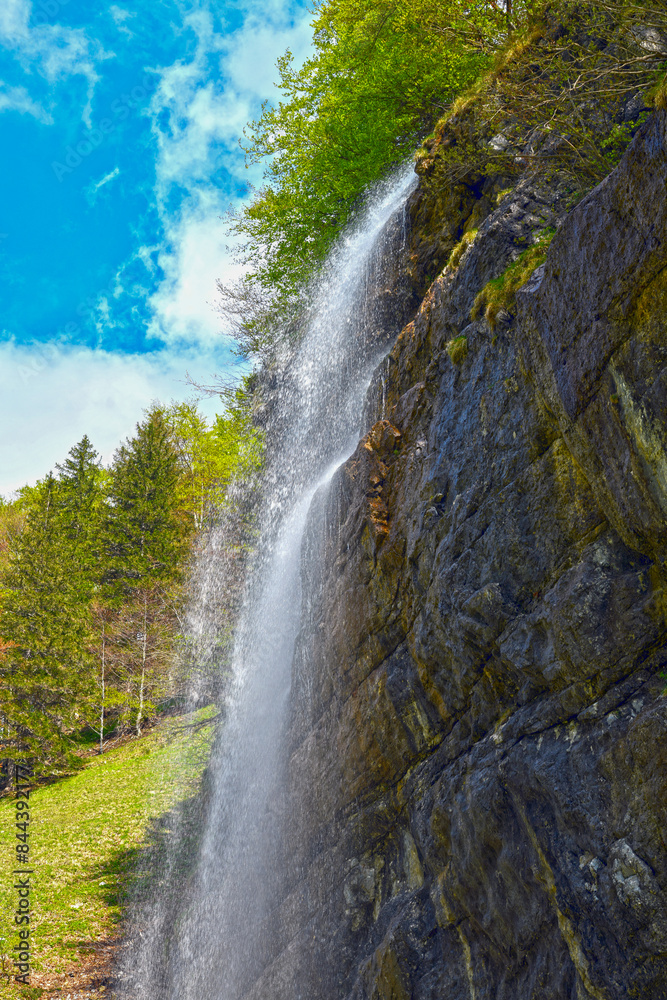 Fototapeta premium Wasserfall bei Seealp am Seealpsee im Alpsteingebirge, Kanton Appenzell Innerrhoden (Schweiz)