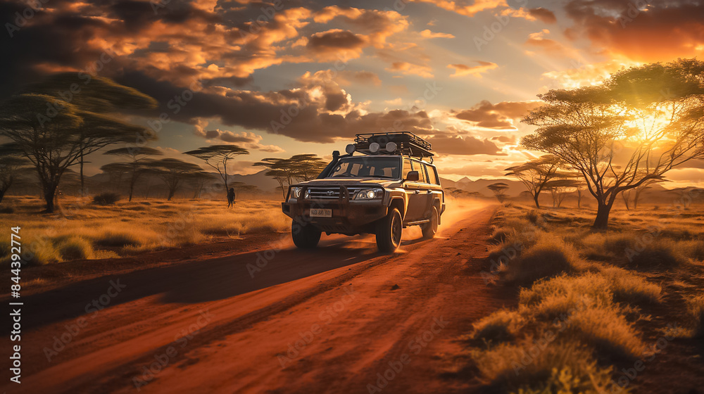 Fototapeta premium A car is driving down a dirt road in the desert