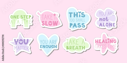 Motivational and inspirational mental health lettering stickers. Support, well-being and good enough lifestyle. Vector flat illustration set.