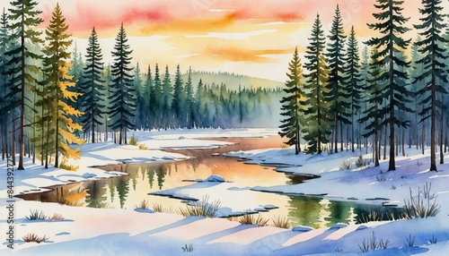 Boreal Forest in Early Winter with First Snow, Watercolor Background Illustration