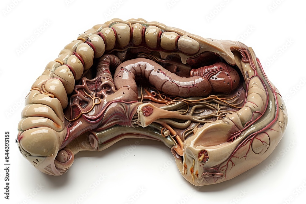 A detailed plastic model of the human stomach, showing its anatomical features such as the esophagus, gastric folds, and pyloric sphincter. The model is isolated on a white background, emphasizing A detailed plastic model of the human stomach, showing its anatomical features such as the esophagus, gastric folds, and pyloric sphincter. The model is isolated on a white background, emphasizing